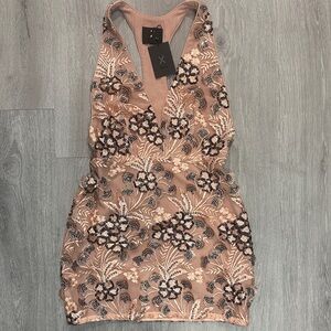 NBD Blush and Black Sequin Embroidered Racer Back Mini Dress NWT